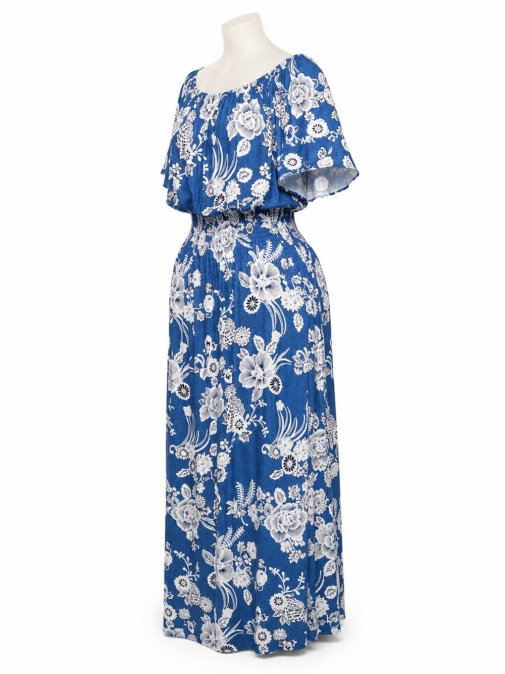 Kindred Blue White Floral Maxi Dress Plus 2X Smocked Waist Boho Flutter Sleeve - Picture 2 of 6